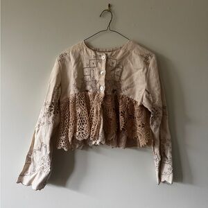 Boho Crochet-Trim Beige Linen Cropped Top
